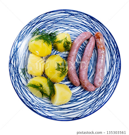 Hearty meal consists of fried sausages and potatoes Hearty meal consists of fried sausages and potatoes 135303561