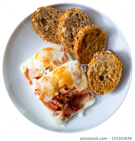 Square pieces of egg and bacon omelet casserole. Square pieces of egg and bacon omelet casserole. 135303648