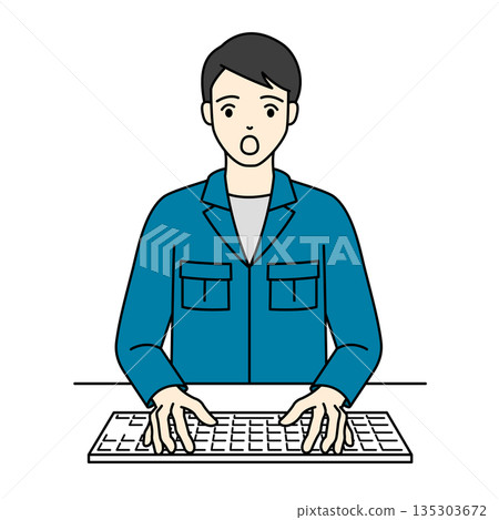 A man in work clothes typing on a keyboard with a surprised expression 135303672