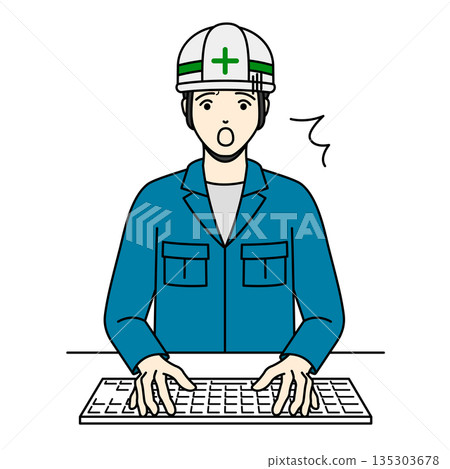 A worker wearing a helmet and sweating profusely while working on a PC A worker wearing a helmet and sweating profusely while working on a PC 135303678