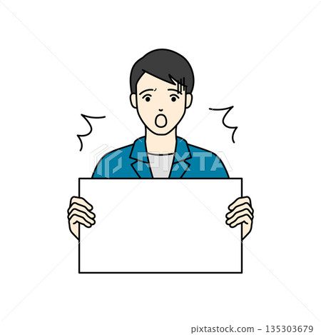 一名身穿工作服的男子驚訝地拿著一塊白色板子，頓時冷汗直冒。 135303679