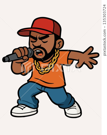 Cool Cartoon Rapper Performing with Microphone Illustration 135303724
