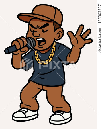 Cool Cartoon Rapper Performing with Microphone Illustration 135303727