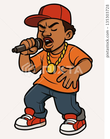 Cool Cartoon Rapper Performing with Microphone Illustration 135303728