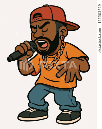 Cool Cartoon Rapper Performing with Microphone Illustration 135303729