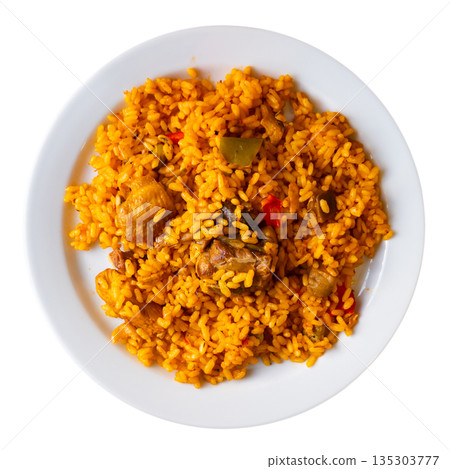 Meat and chicken paella - de montanya. Spanish dish 135303777
