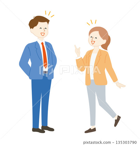 商業場景插圖,描繪了男女微笑交談的畫面。 商業場景插圖,描繪了男女微笑交談的畫面。 135303790
