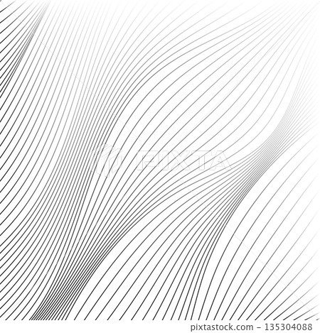 Monochromatic curved lines create a dynamic, fluid wave pattern on a white background Monochromatic curved lines create a dynamic, fluid wave pattern on a white background 135304088
