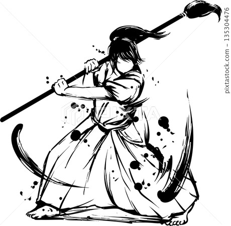 書法少女水墨畫插圖 135304476