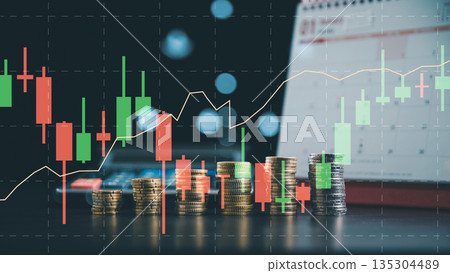Stock market timing concept with coin stacks on desk, candlestick chart and upward line graph, calendar background, showing investment planning, profit targets and financial analysis. Stock market timing concept with coin stacks on desk, candlestick chart and upward line graph, calendar background, showing investment planning, profit targets and financial analysis. 135304489