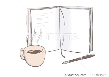 Illustration of a break time with a notebook and coffee 135304503