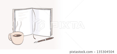 筆記本和咖啡的橫向插圖，留有文字空間。 135304504