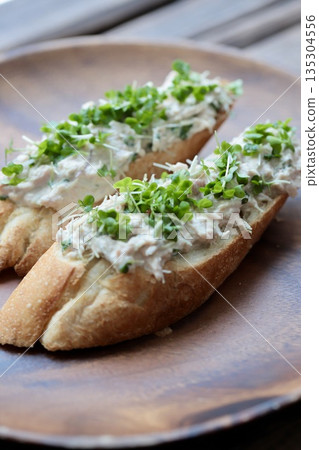 Tuna and Broccoli Sprout Tartine Baguette Open Sandwich Tuna and Broccoli Sprout Tartine Baguette Open Sandwich 135304556