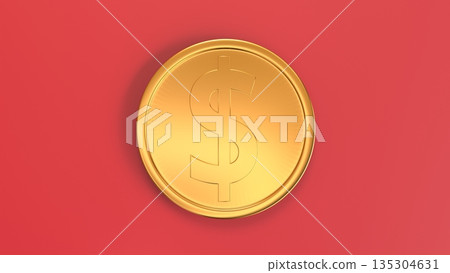 紅色背景和美元金幣。俯視圖。展現美國經濟、投資和強勢美元的形象。 135304631