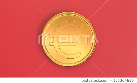 紅色背景和歐元金幣。俯視圖。展現歐洲經濟、投資和蓬勃發展的貿易。 135304636