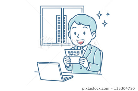 Illustration of a smiling young office worker happy to see his pay slip Illustration of a smiling young office worker happy to see his pay slip 135304750
