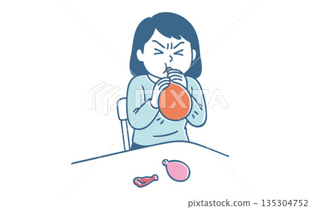 Illustration of a woman working hard to inflate a balloon Illustration of a woman working hard to inflate a balloon 135304752