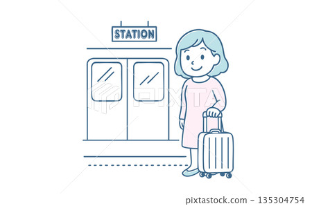 圖解：一位女士提著行李箱站在火車站台上，準備開始旅行或出差。 135304754