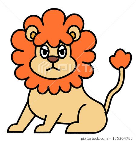 一幅可愛的插圖，描繪了一隻表情嚴肅的獅子坐著。 135304793