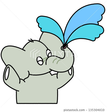 一幅可愛的插圖，描繪了一頭大像用鼻子噴水的場景。 135304810