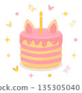 Whimsical birthday cake with ears, candle and confetti. Pink and yellow baked dessert with cream. Cute colorful vector illustration 135305040