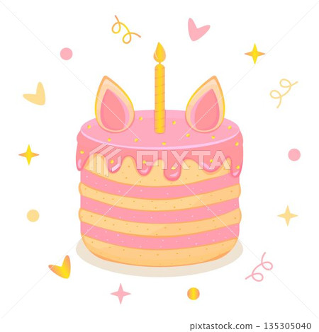 Whimsical birthday cake with ears, candle and confetti. Pink and yellow baked dessert with cream. Cute colorful vector illustration 135305040