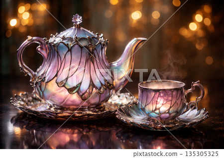 AI generated glowing iridescent teapot and teacup with layered petal patterns metallic accents warm gold bokeh background elegant magical atmosphere perfect for luxury branding decor and design 135305325