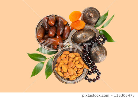 Traditional sweets and snacks arranged beautifully for Ramadan 135305473