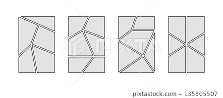 Grey comic book panel frame set. Pop art template grid page collection. 5 and 6 image collage moodboard layout pack. Picture mood board ideas. Storyboard design for photo, poster, manga mockup. Vector 135305507