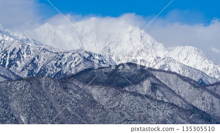 Snow-capped Northern Alps mountain range, Omachi City, Nagano Prefecture 135305510