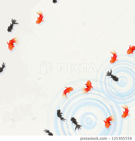 俯視圖:金魚、樹葉和水面漣漪-極簡日式插畫(和紙紋理) 俯視圖:金魚、樹葉和水面漣漪-極簡日式插畫(和紙紋理) 135305559