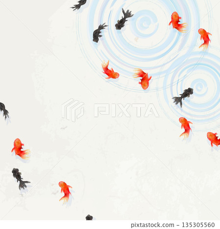 俯視圖：金魚、樹葉和水面漣漪－極簡日式插畫（和紙紋理） 135305560