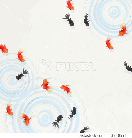 俯視圖：金魚、樹葉和水面漣漪－極簡日式插畫（和紙紋理） 135305561