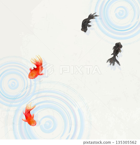 俯視圖:金魚、樹葉和水面漣漪-極簡日式插畫(和紙紋理) 俯視圖:金魚、樹葉和水面漣漪-極簡日式插畫(和紙紋理) 135305562