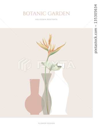 Heliconia rostrata flowers with leaves in vase Heliconia rostrata flowers with leaves in vase 135305634