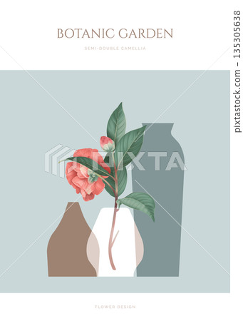 Semi-double camellia flowers with leaves in vase 135305638