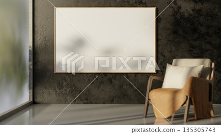 Wooden armchairs and white frame on cement wall in a gallery room with sunlight through glass wall. Wooden armchairs and white frame on cement wall in a gallery room with sunlight through glass wall. 135305743