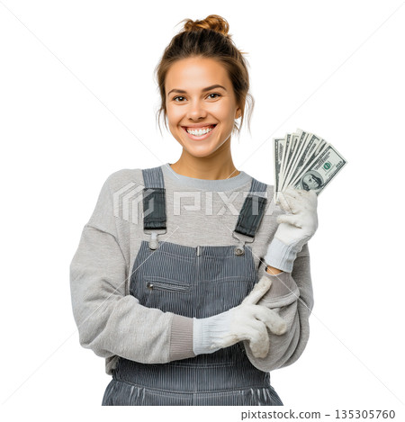 Happy woman worker money, smiling female holding cash, casual workwear gloves, isolated studio portrait 135305760