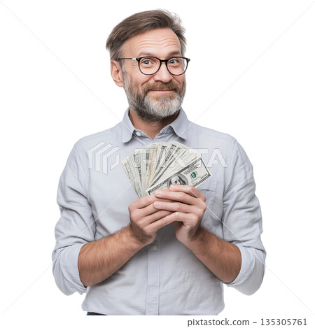 Happy man money cash success, smiling male holding dollar banknote fan 135305761