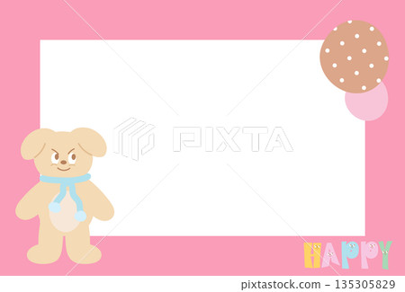 Rectangle pink frame with puppy wearing winter scarf for polaroid photo, ad template, social media post, decoration, notepads, sticky note, memo, print, poster, dog post card, animal, pet, vet 135305829