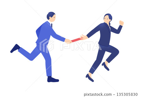 企業傳承與工作交接。一幅男女傳遞接力棒的商業插圖。 135305830