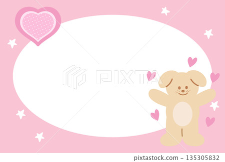 Rectangle pink frame with puppy, heart and star pattern for polaroid photo, ad template, social media post, decoration, notepads, sticky note, memo, print, poster, dog post card, animal, pet, vet 135305832