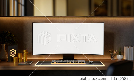 White screen computer and gold coins aside business award plate on wooden table with backlighting. 135305833