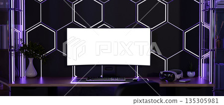 White screen computer and vision headset on wooden table with neon purple monitor backlighting. White screen computer and vision headset on wooden table with neon purple monitor backlighting. 135305981