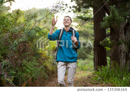 Woman hiking on forest trail, reaching toward branch with red berries while carrying grey backpack 135306169