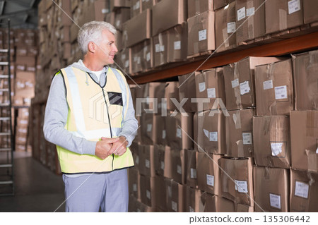 Senior man observing cardboard boxes on warehouse racks wearing safety vest and hoodie, copy space 135306442