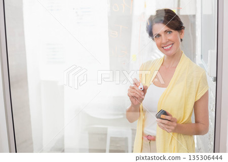 Female consultant writing on glass whiteboard holding marker and cap in meeting room, copy space 135306444