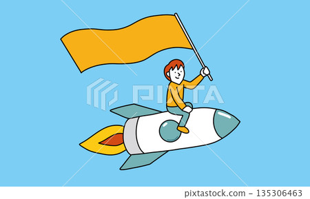 An image of growth and challenge, with a flag flying and a rocket taking off. An illustration of the challenge of moving forward towards exams and goals. 135306463