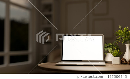 White screen laptop and acorn with vase and green pot plants on wooden table in a dim lit living room. 135306543