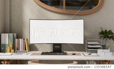 White screen computer aside calculator and gold coin with book and folder on working table in office 135306547
